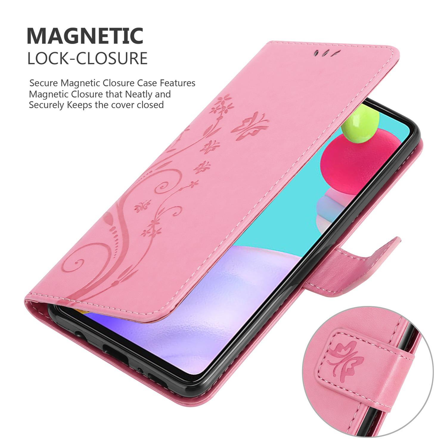 Rosa Handyhülle, offen, mit Telefon. Text: Magnetischer Verschluss, Sicheres magnetisches Verschlussgehäuse.
