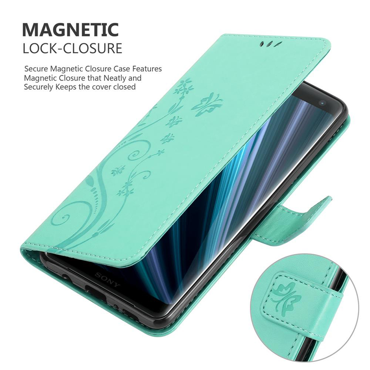 Custodia verde menta aperta, con telefono. Design floreale e chiusura magnetica.