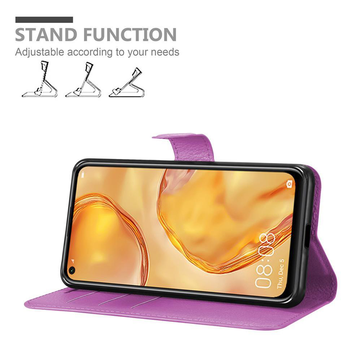 Custodia per telefono viola. Telefono all'interno, schermo acceso. Viene mostrata la funzione stand.