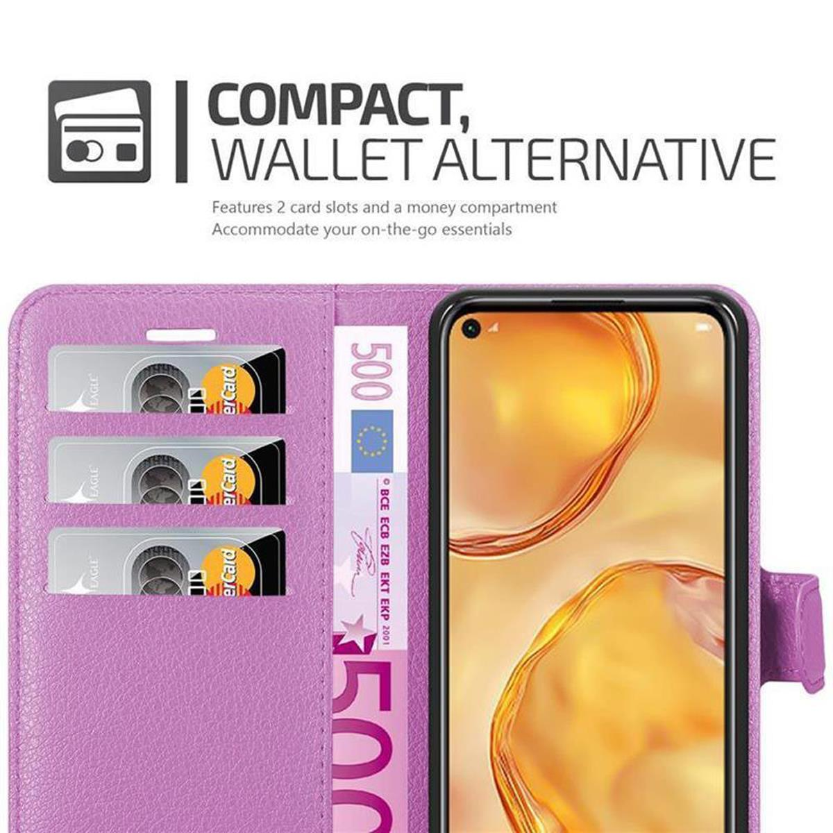 Custodia a portafoglio viola con carte e denaro, accanto a un telefono. Design compatto.