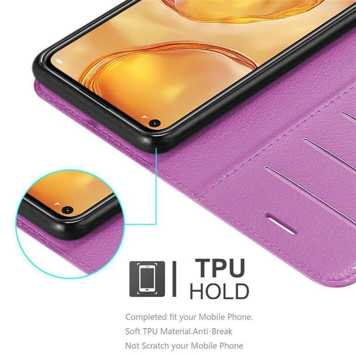 Custodia viola con telefono dentro, supporto TPU, che indica funzioni di protezione.