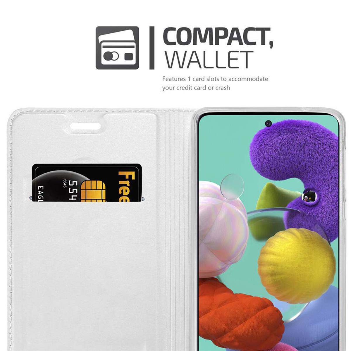 Custodia bianca per telefono aperta, che mostra un telefono. Fessure per carte e una carta di credito visibili. Testo: Compatto, Portafoglio.