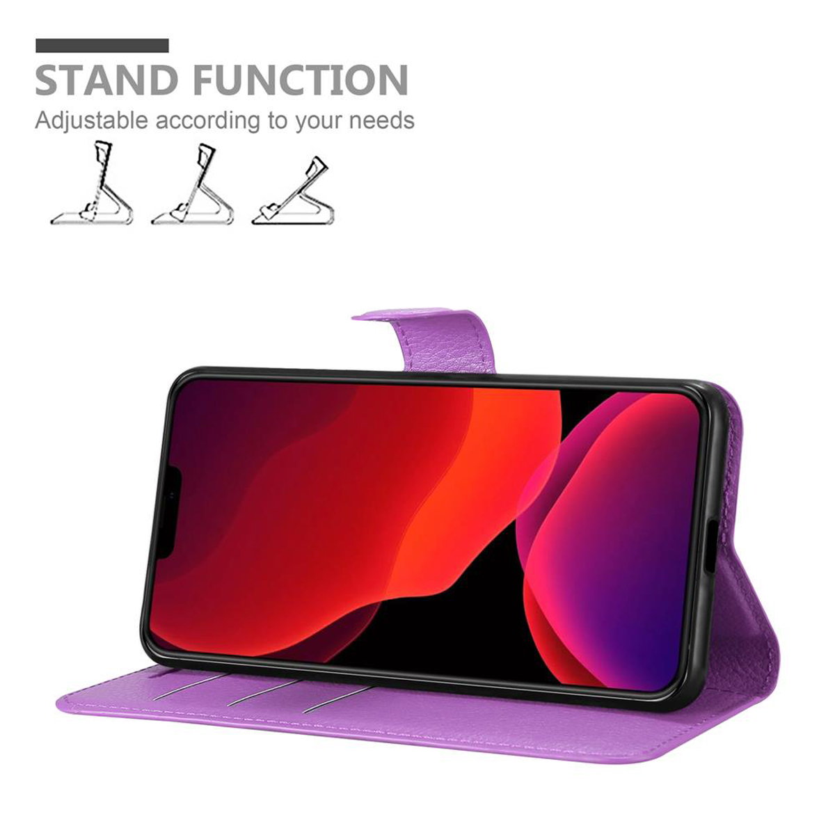 Custodia per telefono viola aperta, telefono dentro. Funzione supporto mostrata. Sfondo bianco.