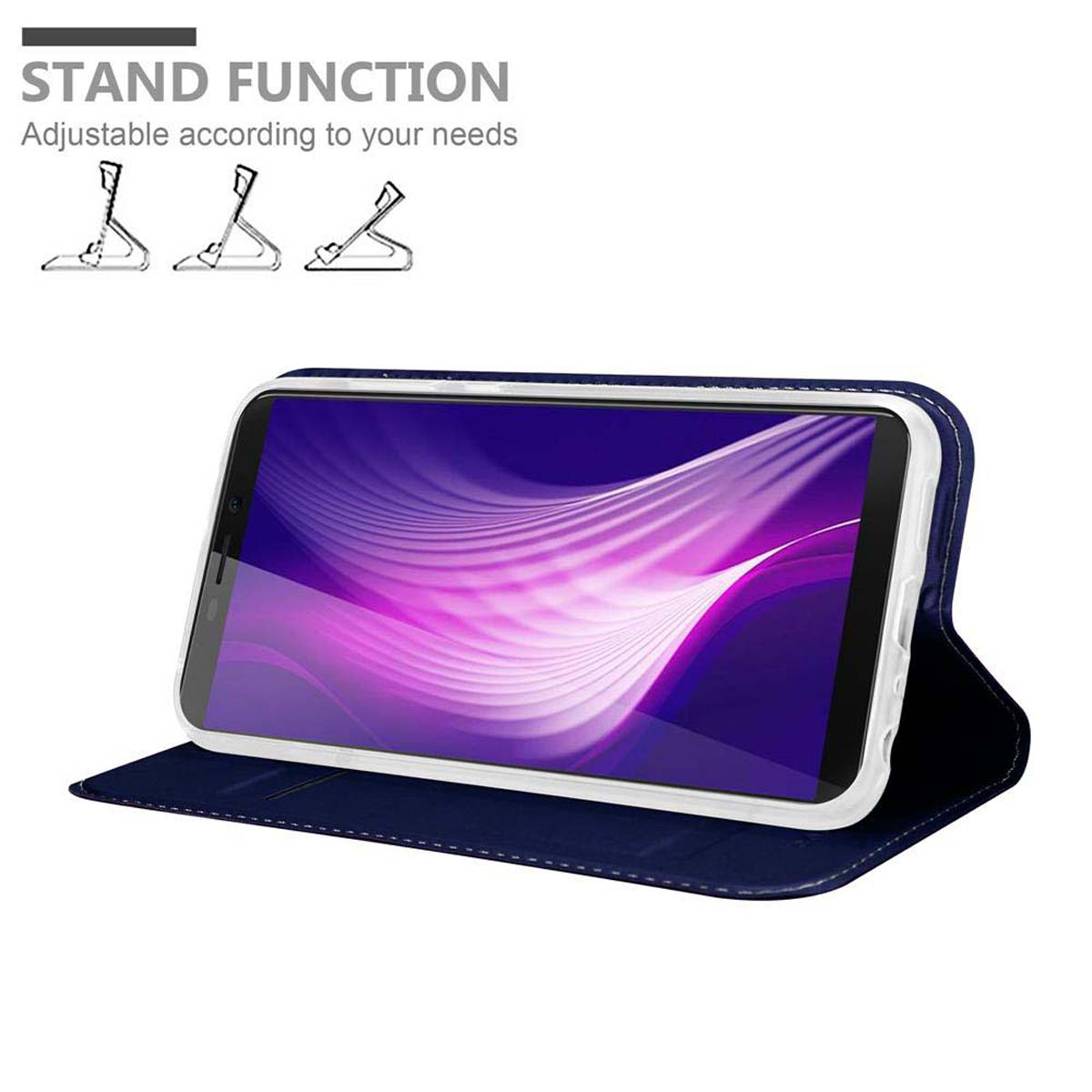Offene blaue Handyhülle mit Telefon, das einen Bildschirm anzeigt. Grafik der Standfunktion.