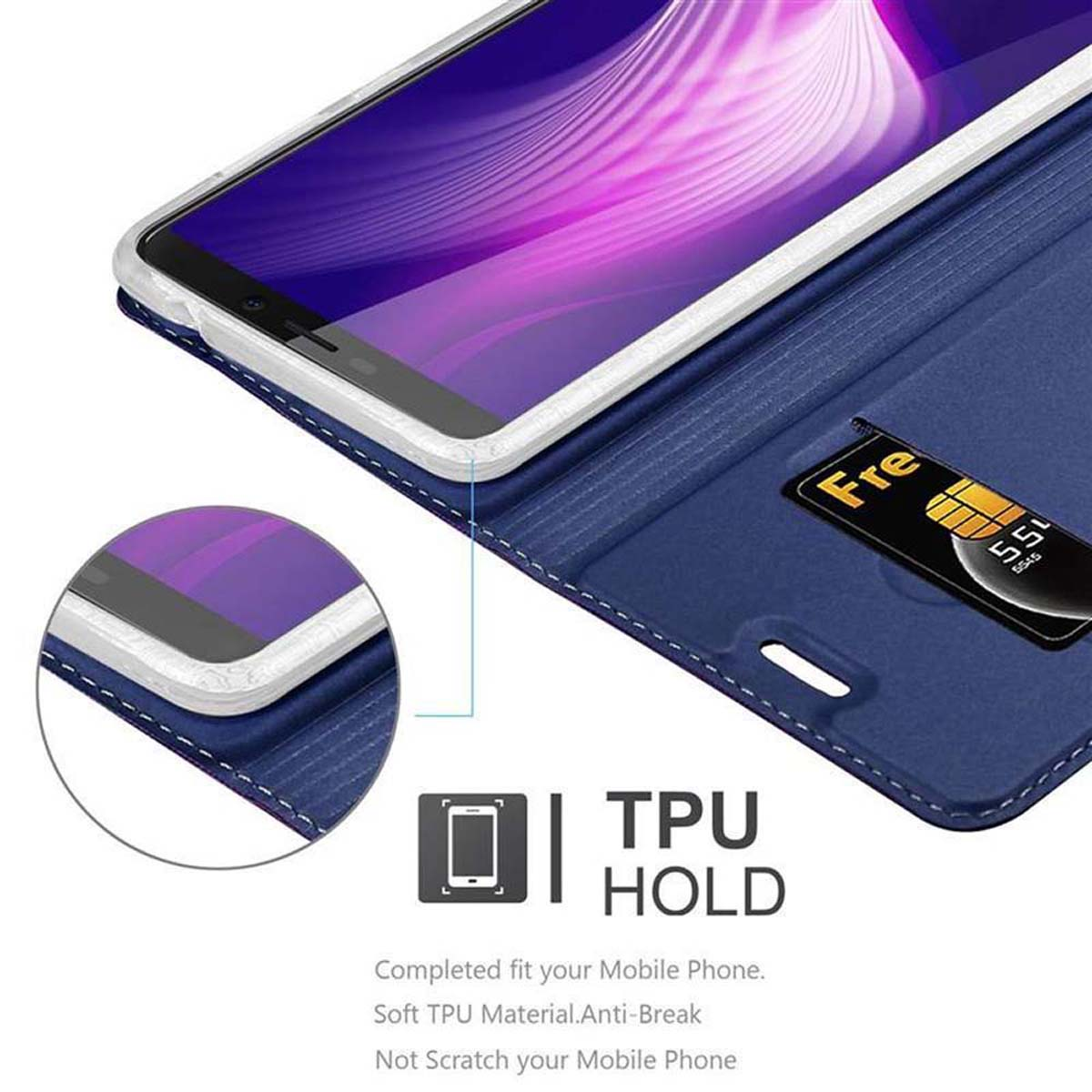 Ein blaues Handy-Wallet ist geöffnet und zeigt ein Telefon und eine SIM-Karte. Der Text lautet 'TPU HOLD'.