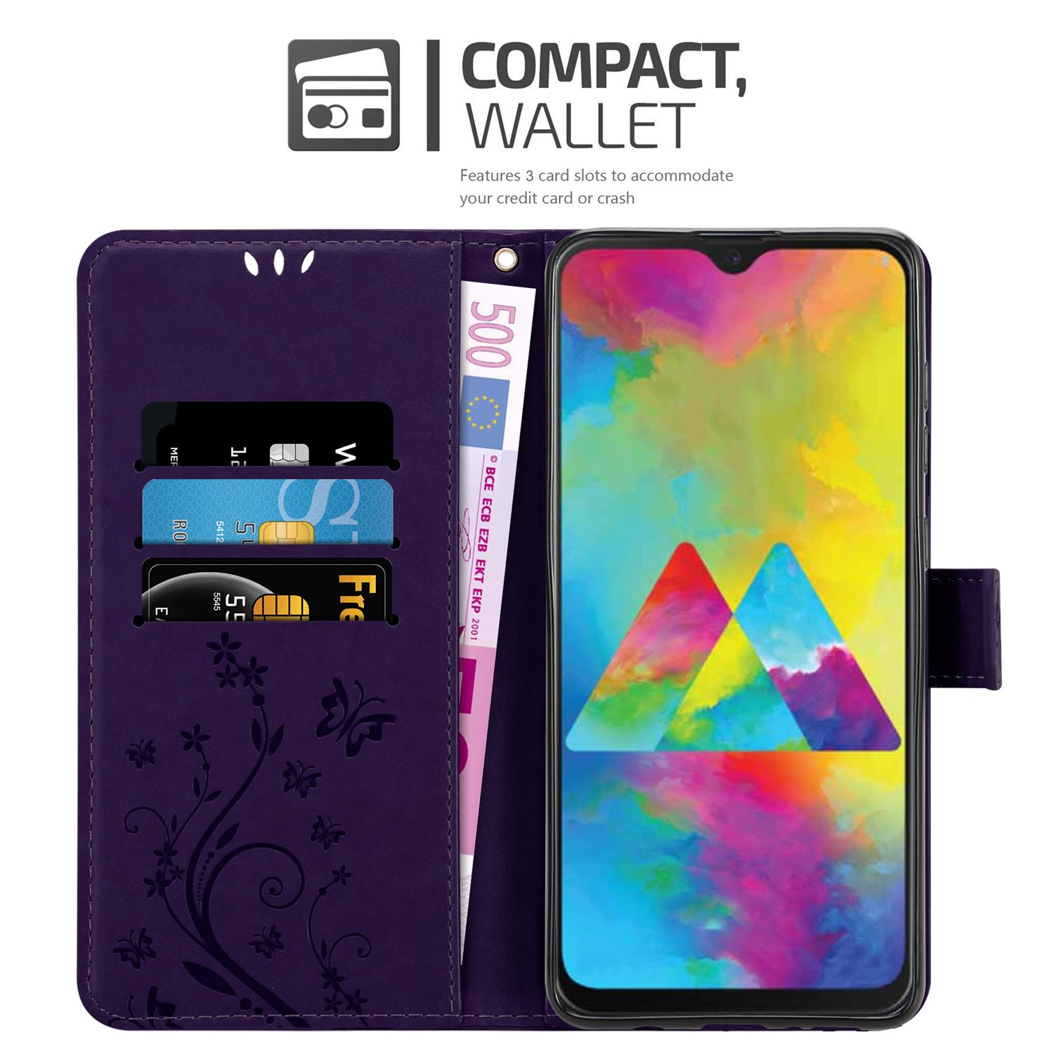 Portafoglio per telefono viola con carte di credito e una banconota da 500 euro. Telefono a destra.