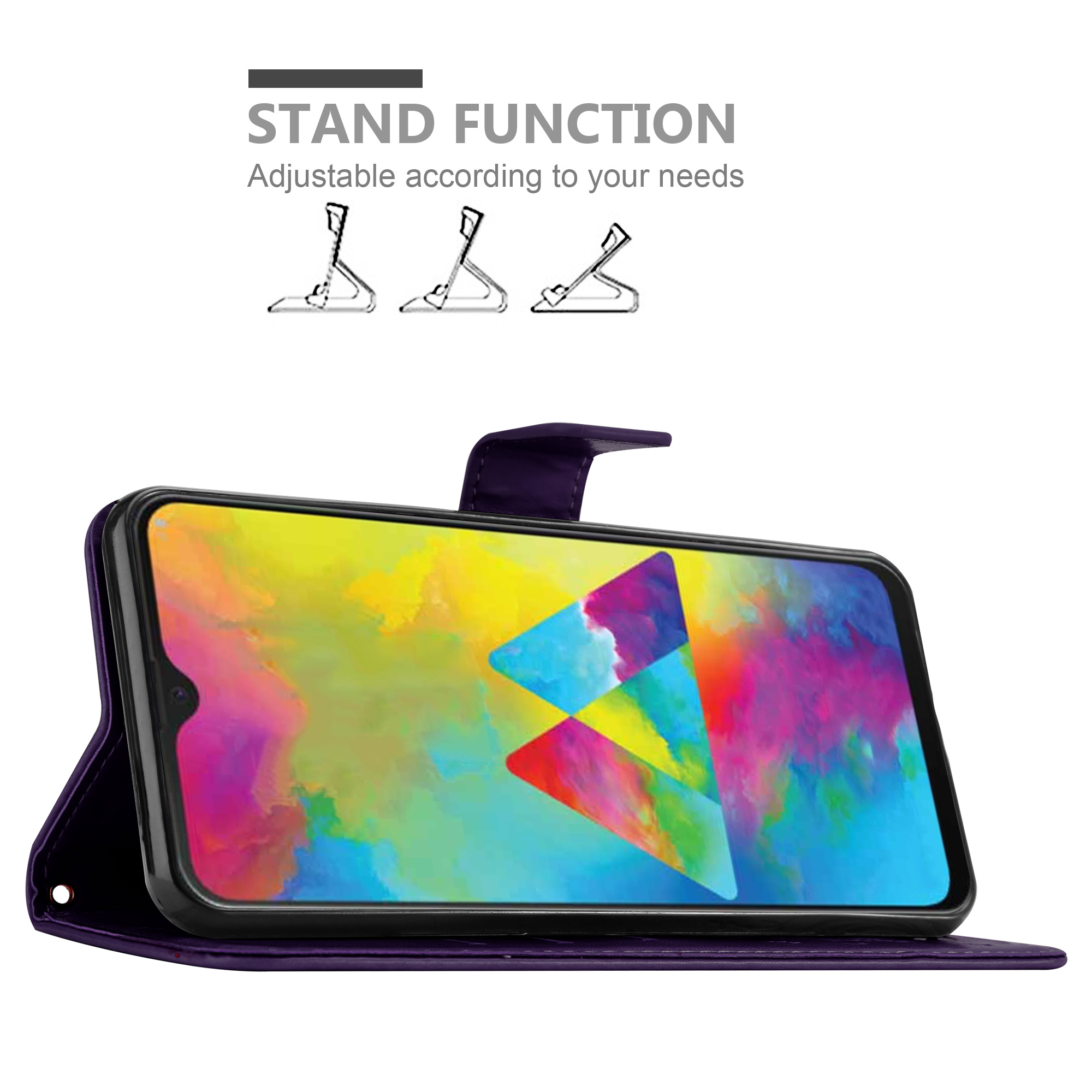 Telefono appoggiato in una custodia viola. Lo schermo mostra un'immagine astratta colorata. Mostra la funzione supporto.