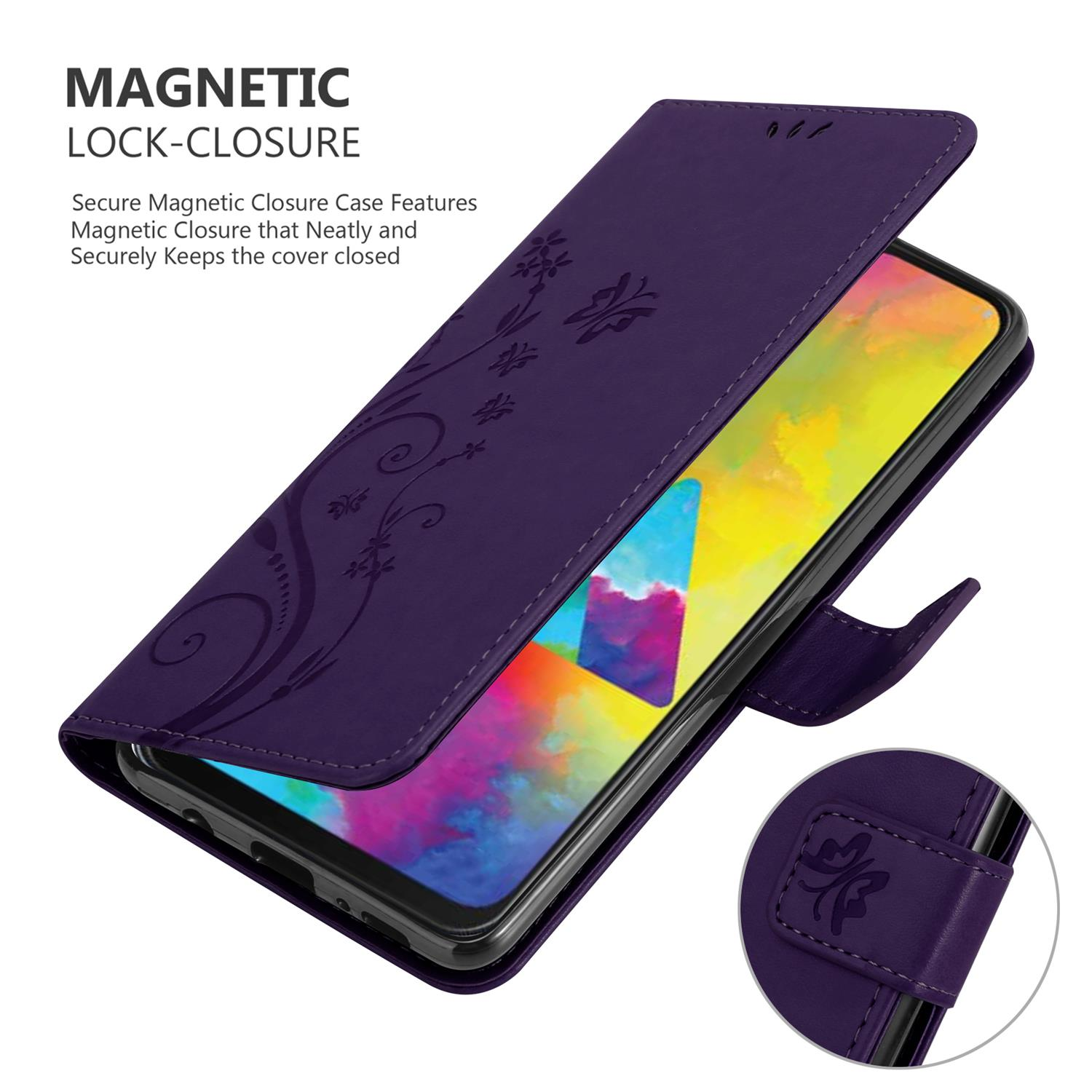 Custodia viola aperta, rivela schermo telefono. Design floreale sulla cover, chiusura magnetica visibile.