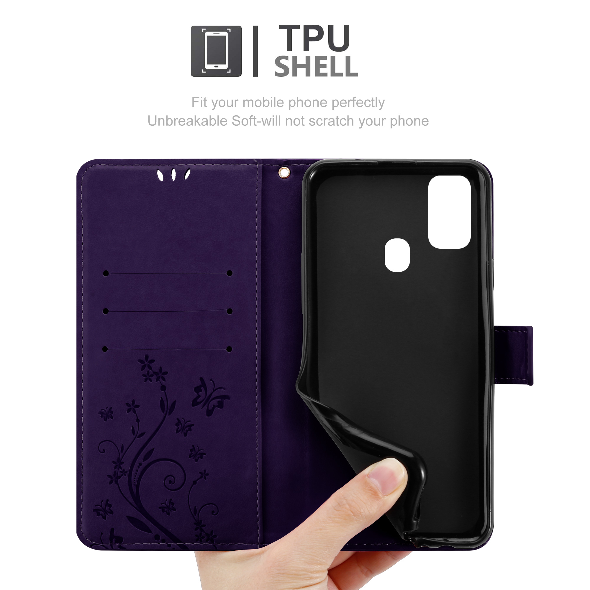 Custodia viola per telefono aperta, mostra una mano che tiene il telefono. Design floreale.