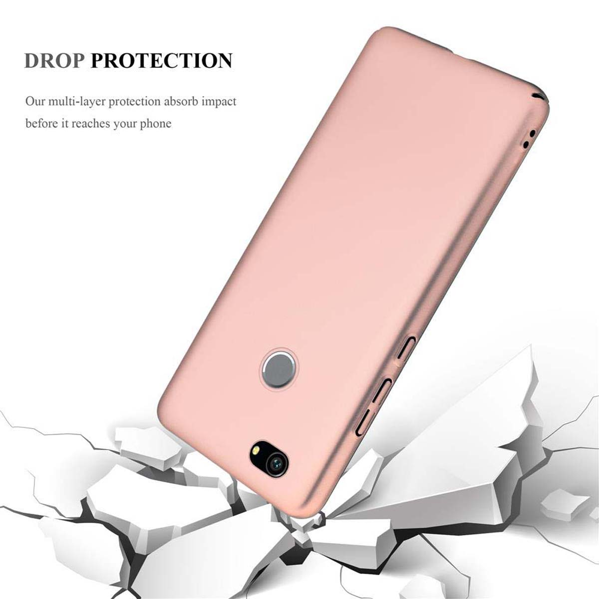 Custodia rosa per telefono che cade su terreno rotto. Testo: Protezione dalle cadute, la nostra protezione multistrato.