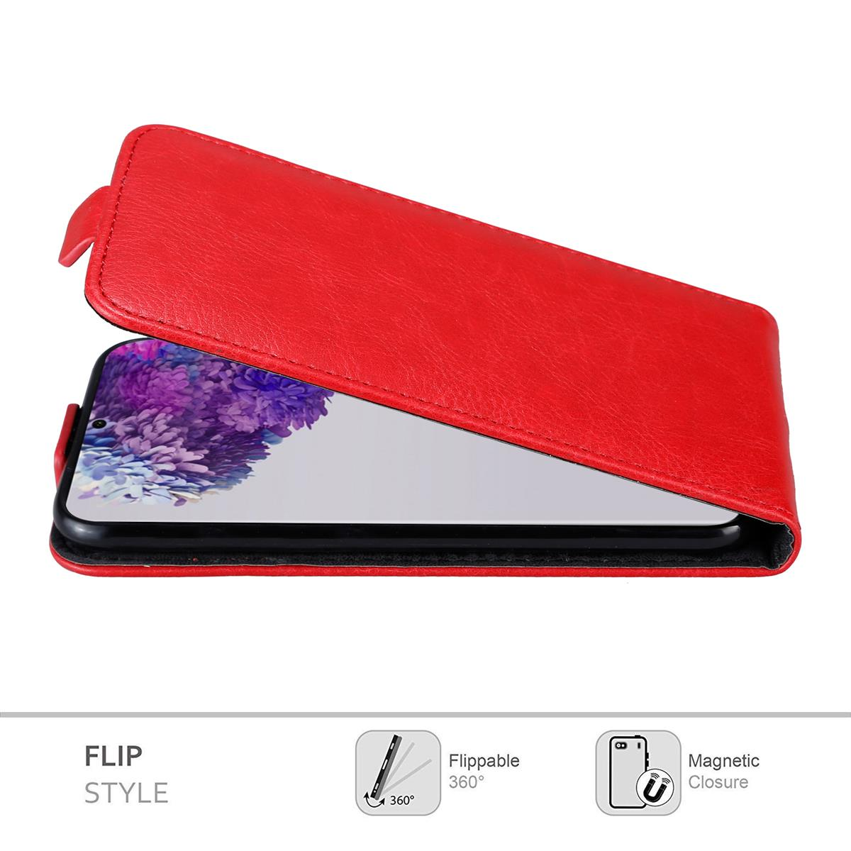 Custodia rossa aperta, mostra telefono. Sfondo bianco, stile flip.