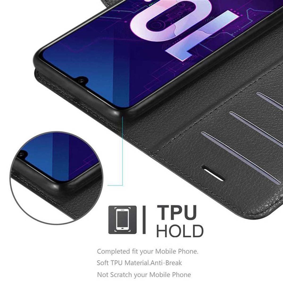 Telefono nero in custodia di pelle nera. Schermo visibile con il numero 10.