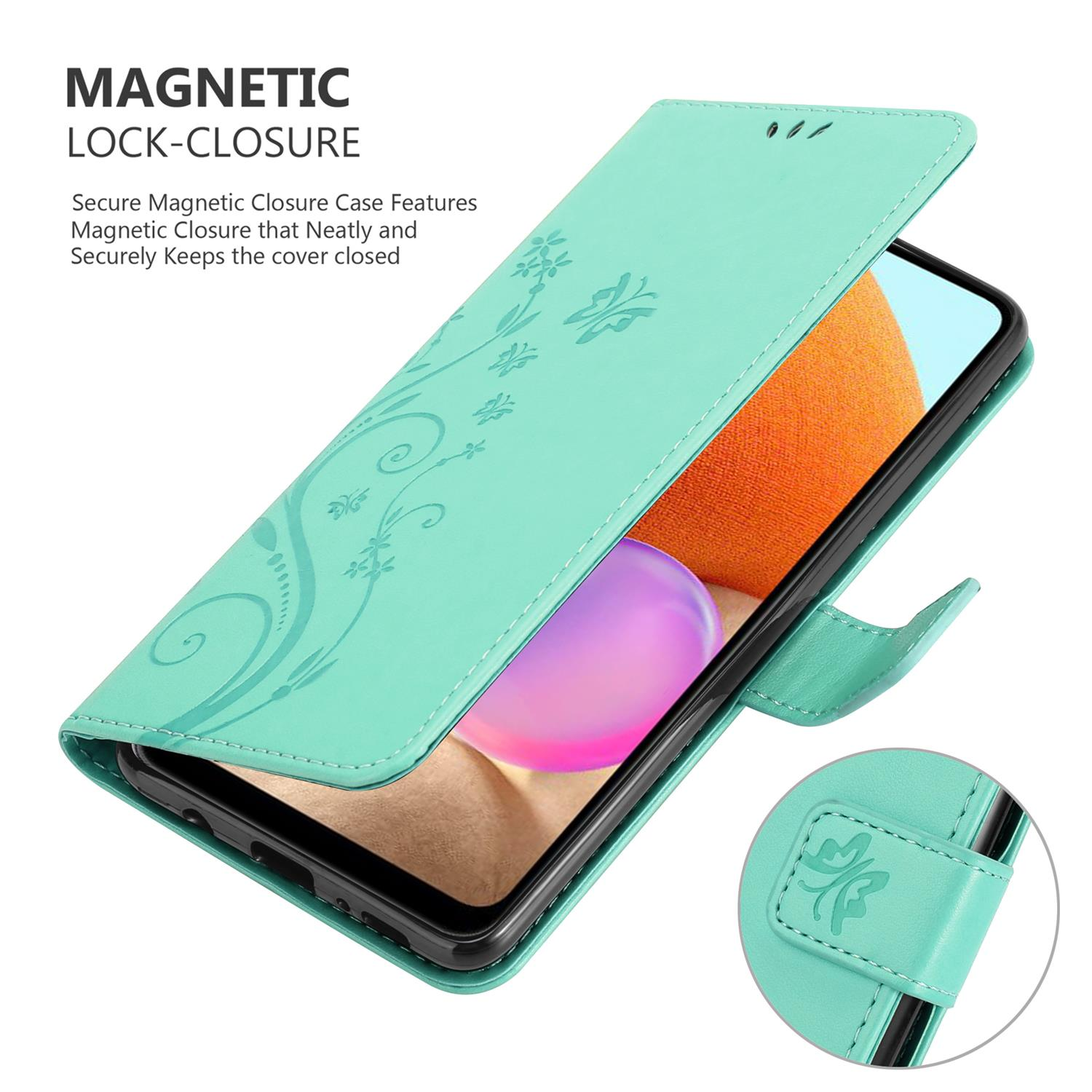 Custodia per telefono verde acqua con design floreale. Il testo dice: CHIUSURA MAGNETICA. Telefono all'interno.