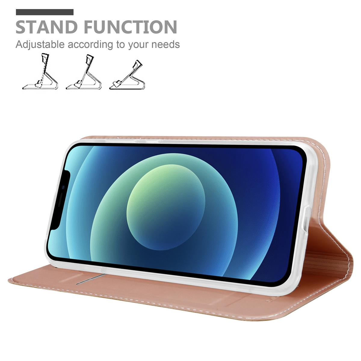 Custodia per telefono beige con un telefono all'interno, angolata per mostrare lo schermo. Grafico della funzione stand sopra.