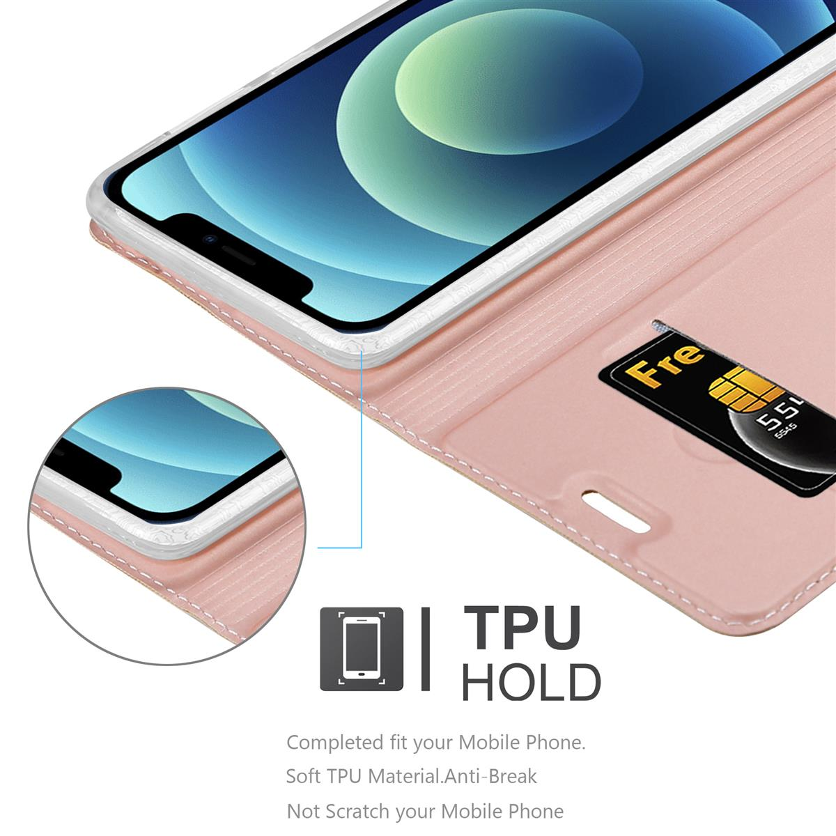Telefono in una custodia rosa, con fessura per carte. Il telefono mostra uno schermo. Supporto TPU, anti-rottura, materiale morbido.