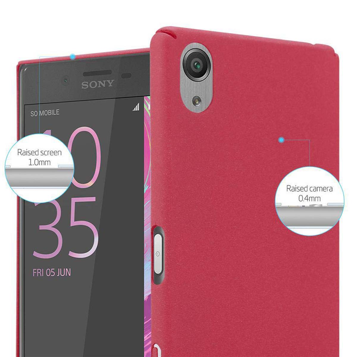 Telefono rosso con custodia rossa. Schermo e fotocamera rialzati sono evidenziati.