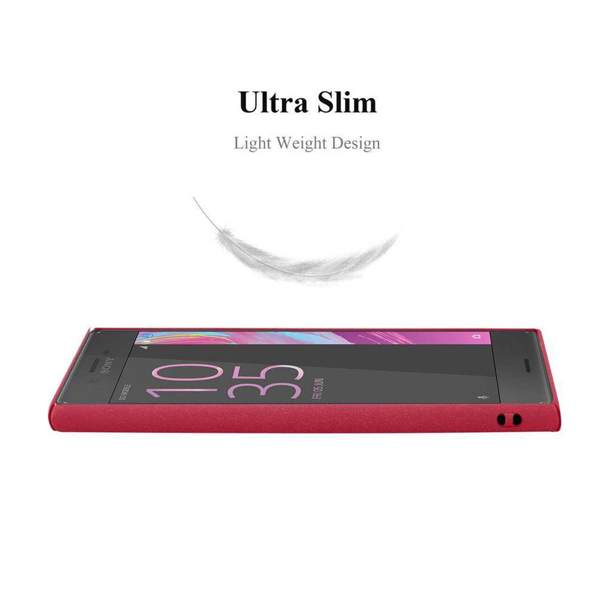 Custodia rossa per telefono con telefono all'interno. Testo: Ultra Slim, Design leggero. Una grafica di piuma.