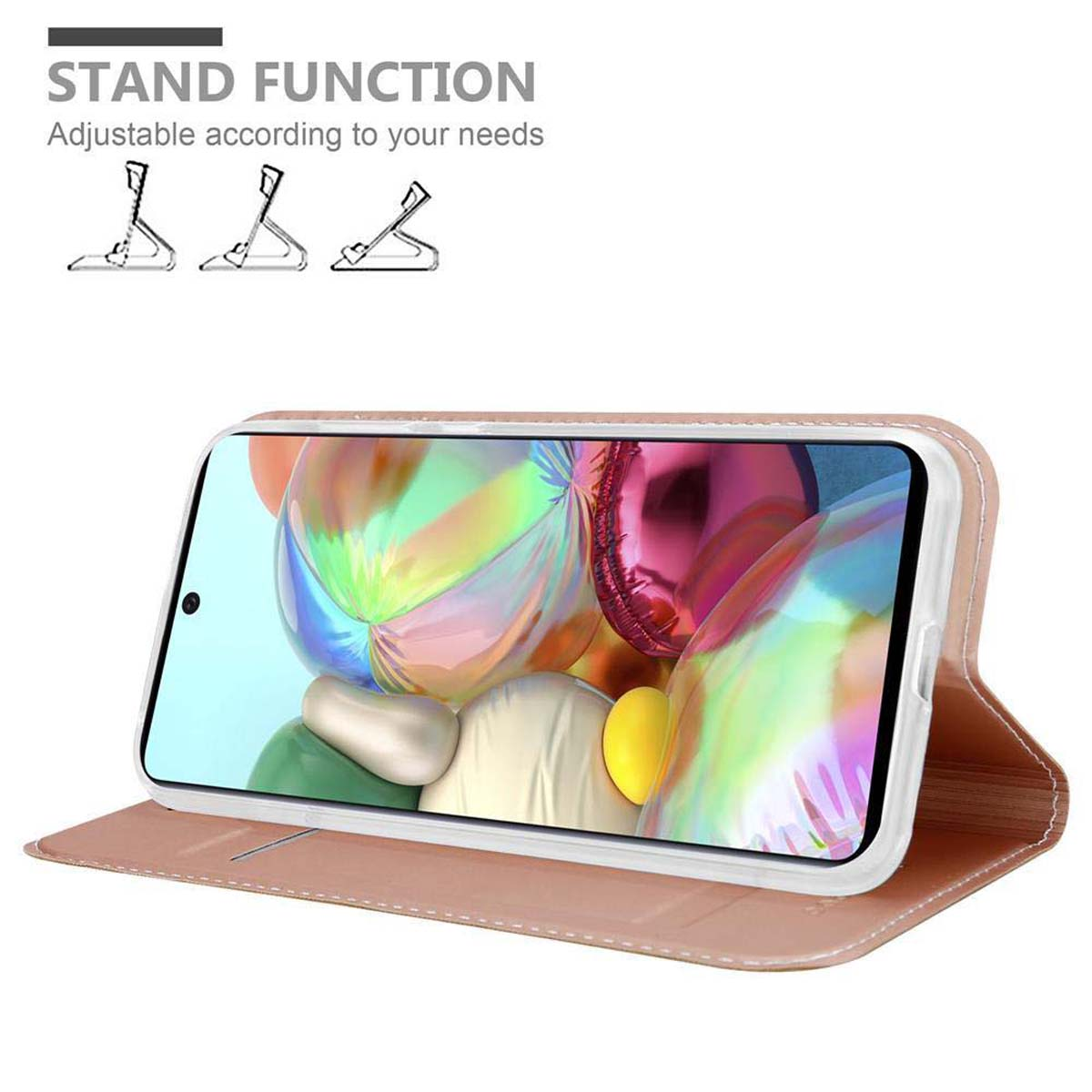 Custodia rosa con telefono. Custodia aperta, mostra il telefono. Grafica funzione supporto.