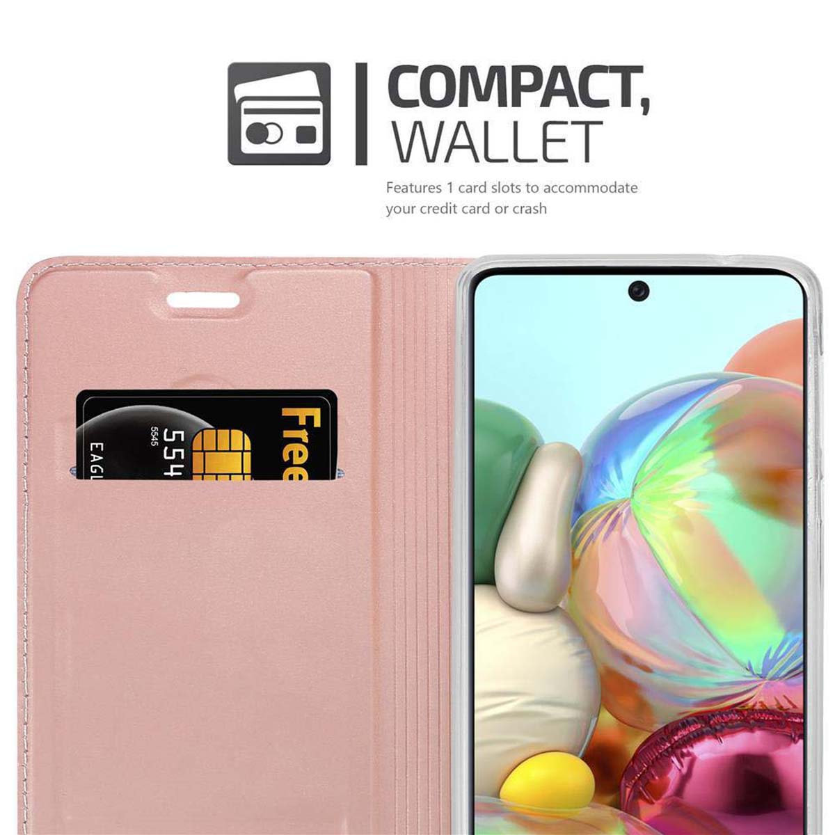 Telefono in una custodia rosa con slot per schede. Una carta è nello slot. La custodia è rosa.