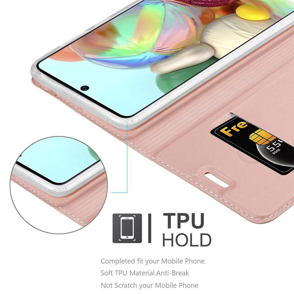 Telefono in custodia rosa con SIM. Dettagli TPU HOLD. Il telefono ha una cornice bianca.