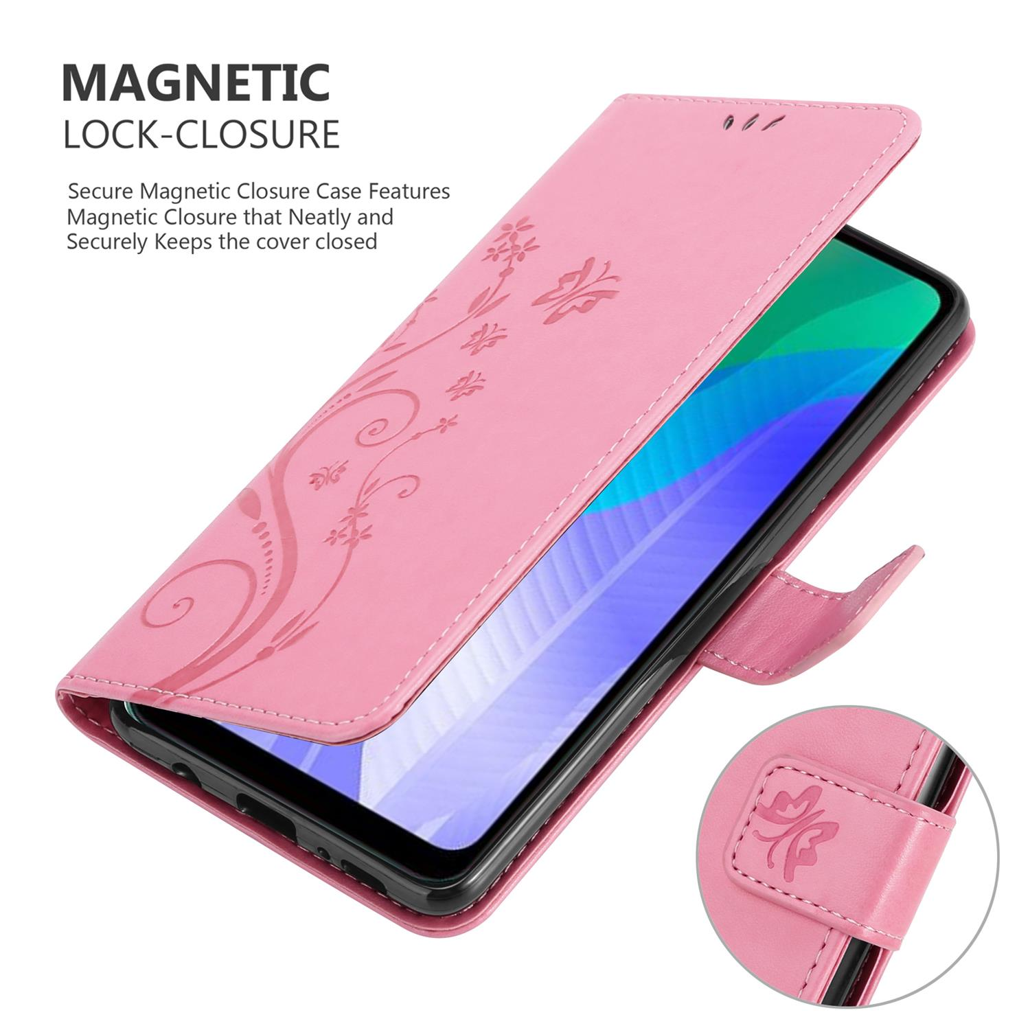 Custodia per telefono floreale rosa con telefono all'interno. Testo: Chiusura magnetica. Chiusura sicura.