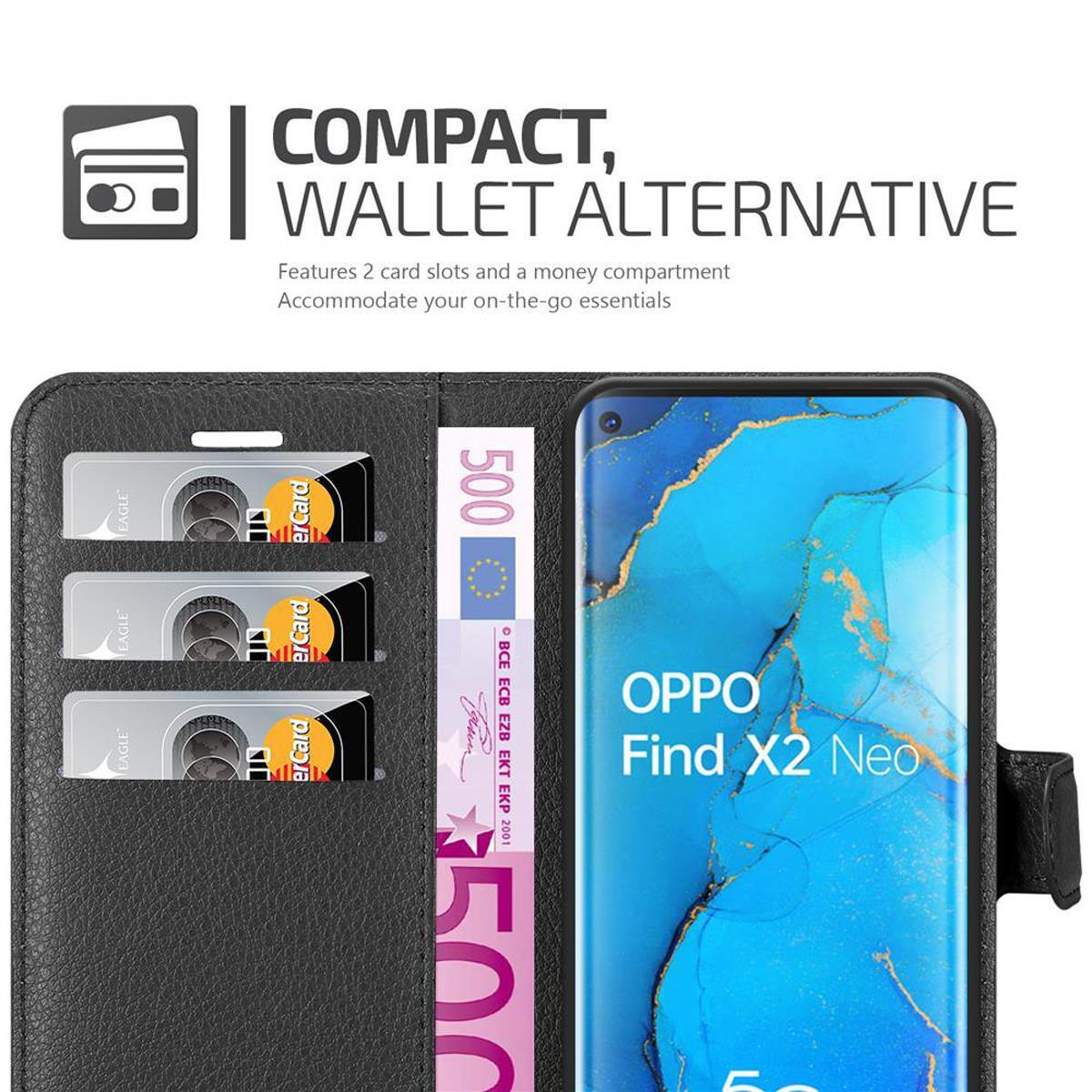 Custodia nera con carte e denaro, aperta. Schermo del telefono visibile. Testo: Compatto, Alternativa al portafoglio.
