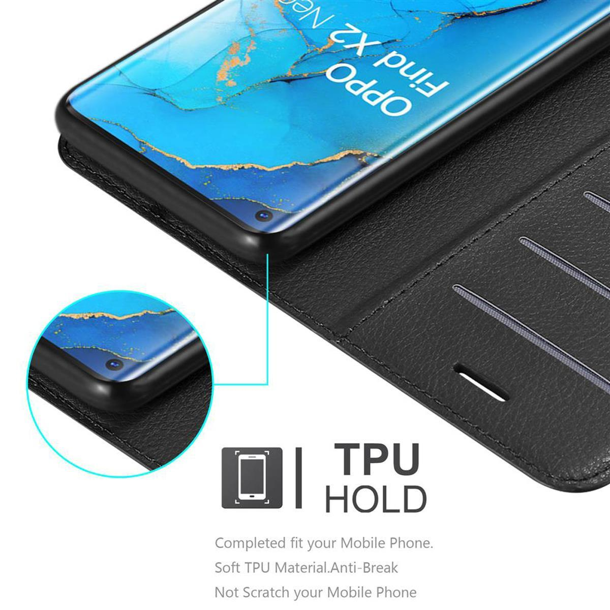 Custodia nera aperta, rivela schermo telefono. Testo 'TPU HOLD' visibile.