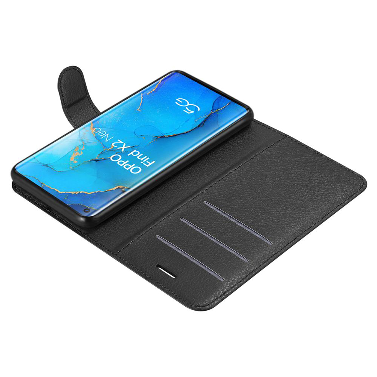 Telefono nero in custodia nera, schermo con design blu e oro.