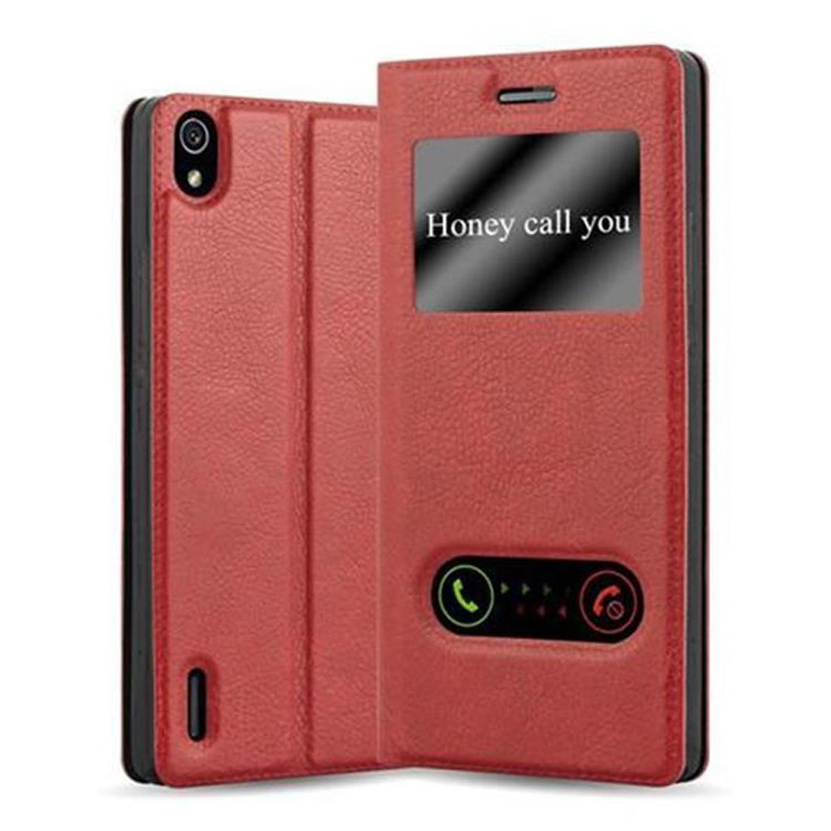 Rote Handyhülle mit den Worten 'Honey call you' auf dem Bildschirm und Telefon-Symbolen.