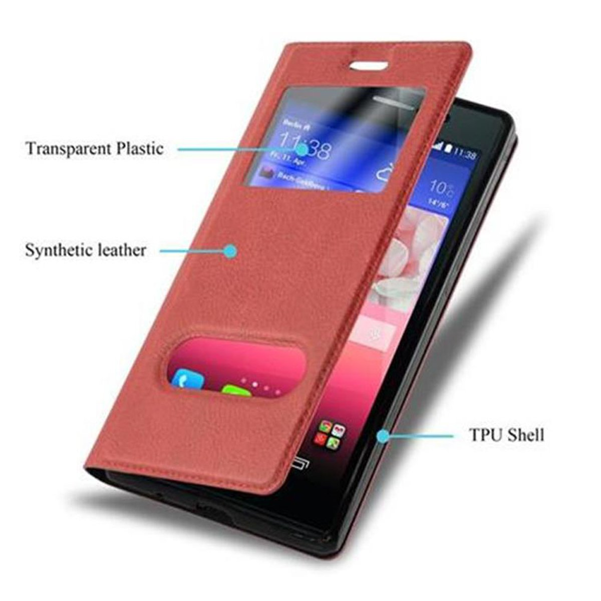 Rote Handyhülle offen, Telefon innen. Zeigt transparenten Kunststoff, Kunstleder und die Telefondetails.