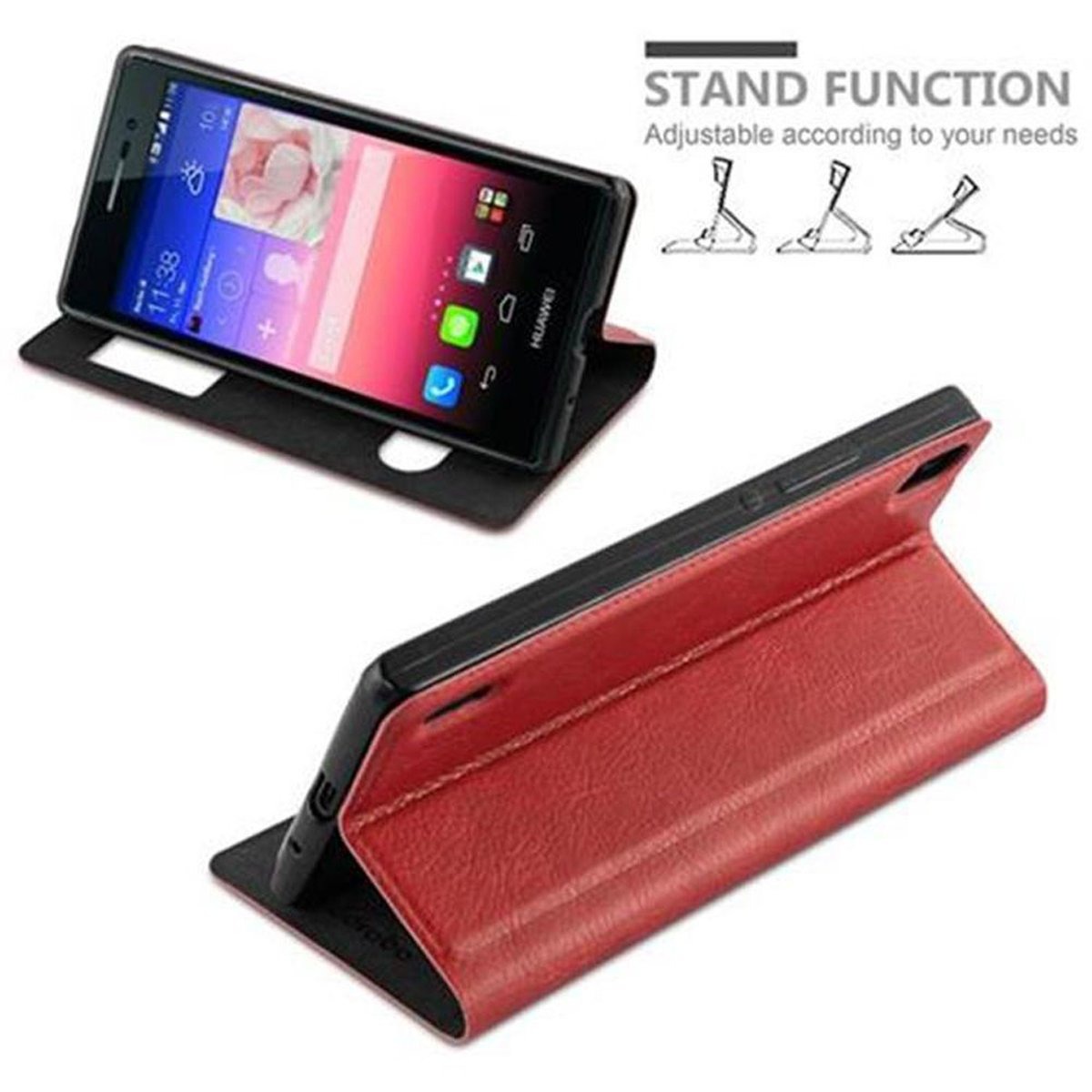 Ein Telefon in einer roten Hülle, geöffnet, um den Bildschirm anzuzeigen. Symbole für die Standfunktion befinden sich in der oberen rechten Ecke.