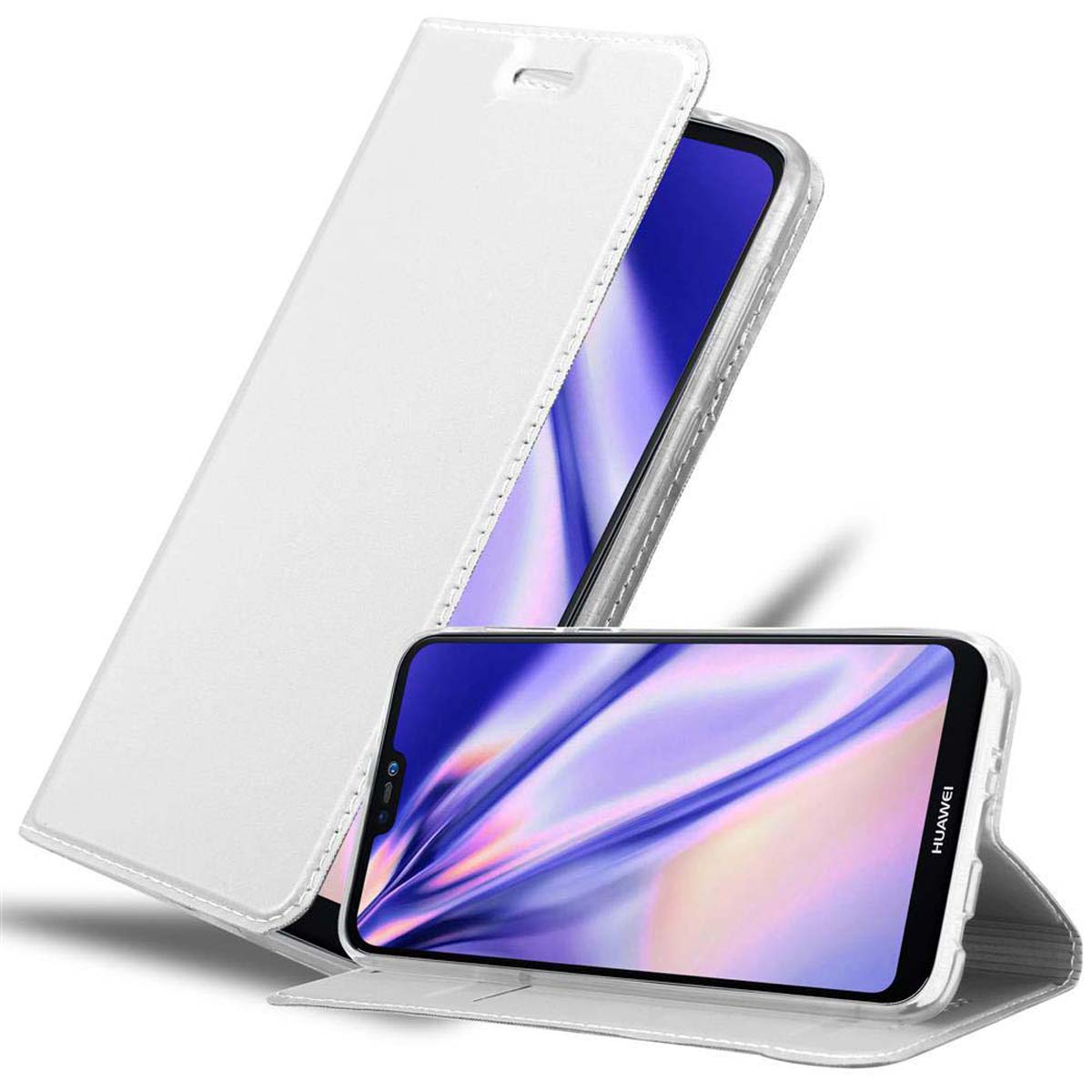 Custodia bianca, aperta per rivelare un telefono con schermo viola.