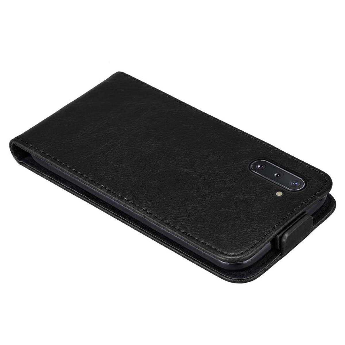 Una custodia nera per telefono con un telefono all'interno. La custodia è chiusa, con un design semplice e pulito.