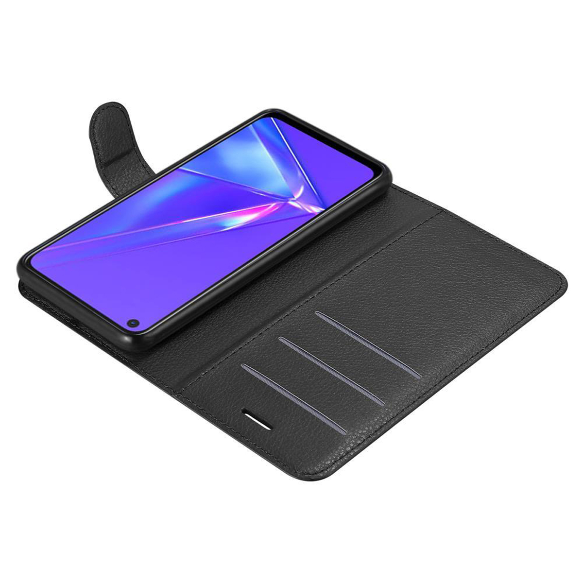 Custodia per telefono nera, con un telefono all'interno, aperta. Diverse fessure per carte sono visibili.