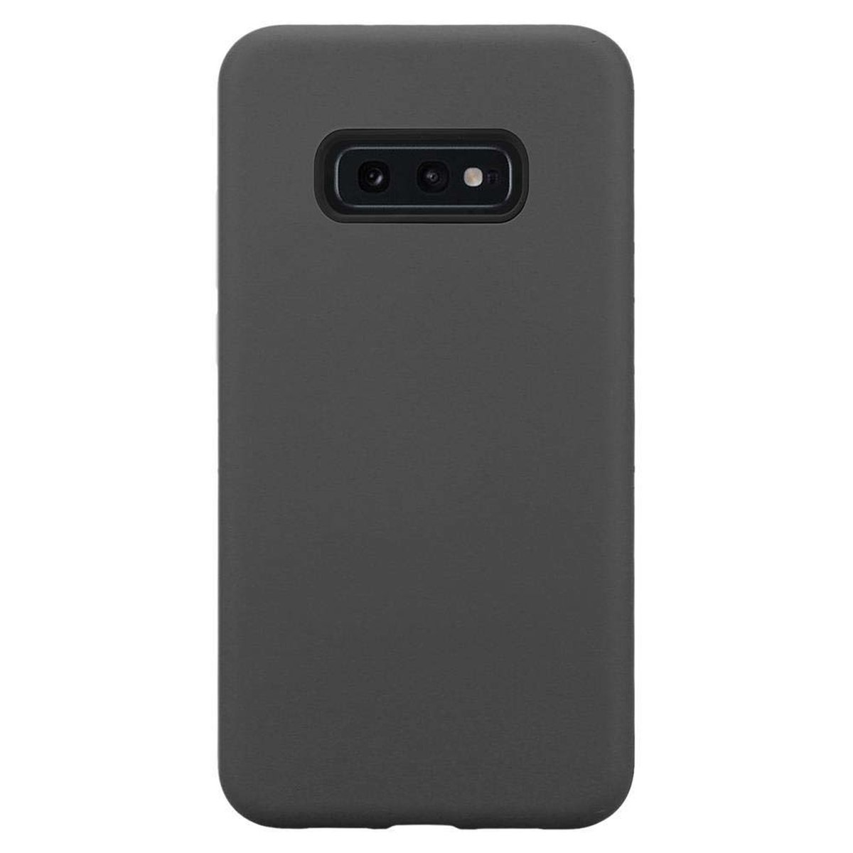 Custodia per telefono grigio scuro, vista da dietro. La custodia ha un ritaglio per la fotocamera e un ritaglio per il pulsante di accensione.