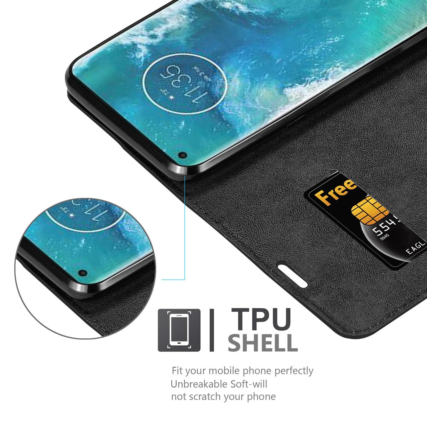Custodia per telefono nera aperta, che mostra il telefono e una carta. Mostra la scocca in TPU.
