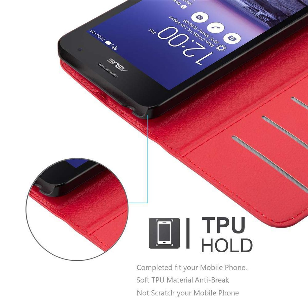 Custodia rossa aperta, rivela schermo telefono. Testo 'TPU HOLD' visibile.