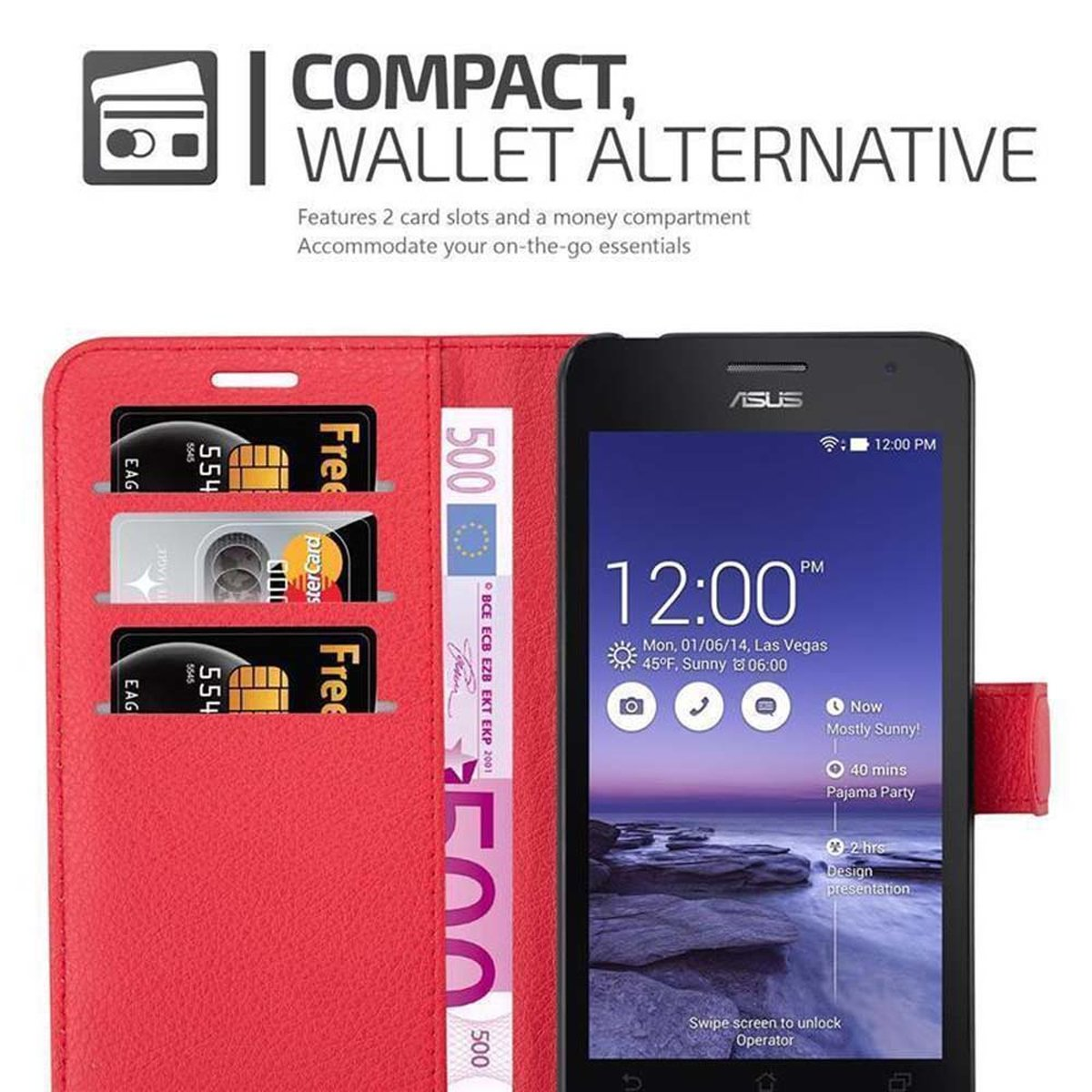 Custodia rossa per telefono con carte e denaro, accanto a telefono nero che mostra l'ora.