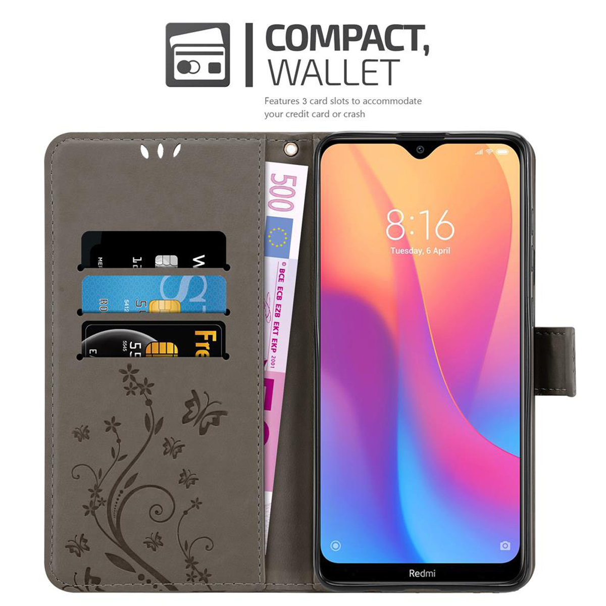 Telefon in einer Brieftaschenhülle mit Kartenfächern und Geld. Die Hülle hat ein Blumendesign. Die Hülle ist braun.