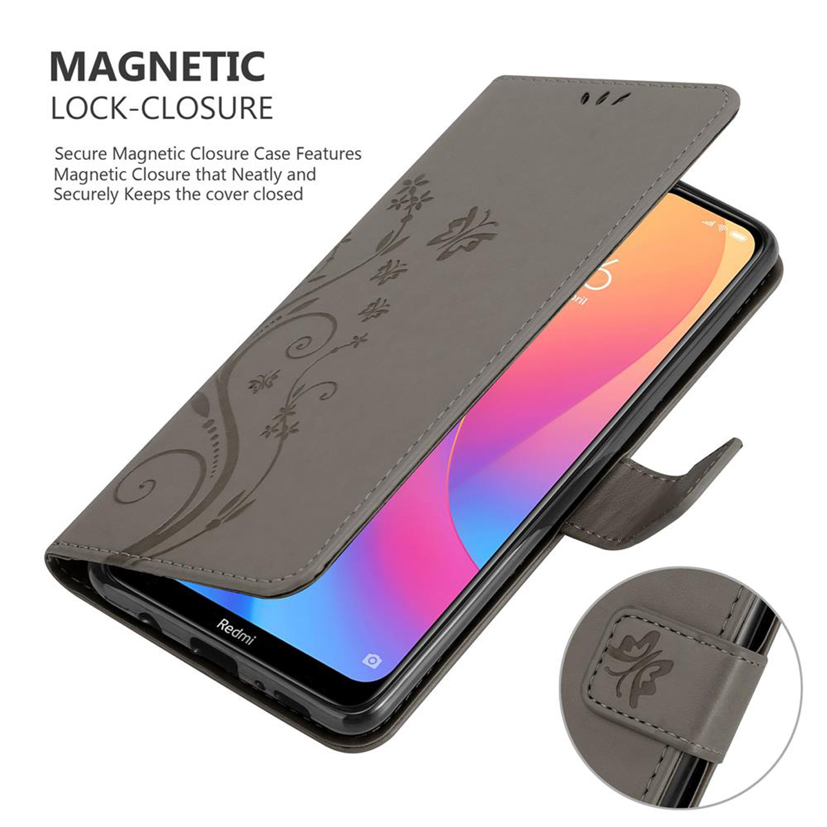 Graue Handyhülle, geöffnet, um ein Telefon mit floralem Design und Magnetverschluss zu enthüllen.