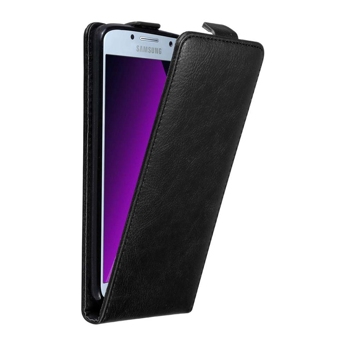 Funda negra para teléfono, abierta. Un teléfono es visible, con la pantalla mirando hacia afuera.