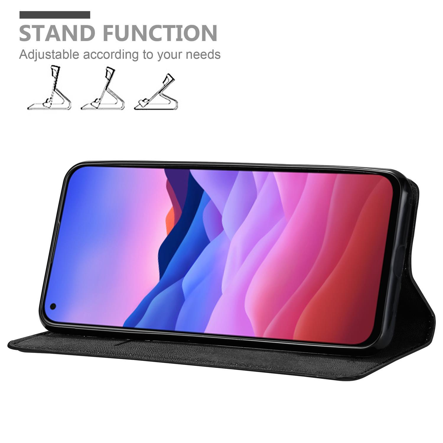 Schwarze Handyhülle offen mit Handy. Grafik der Standfunktion oben.