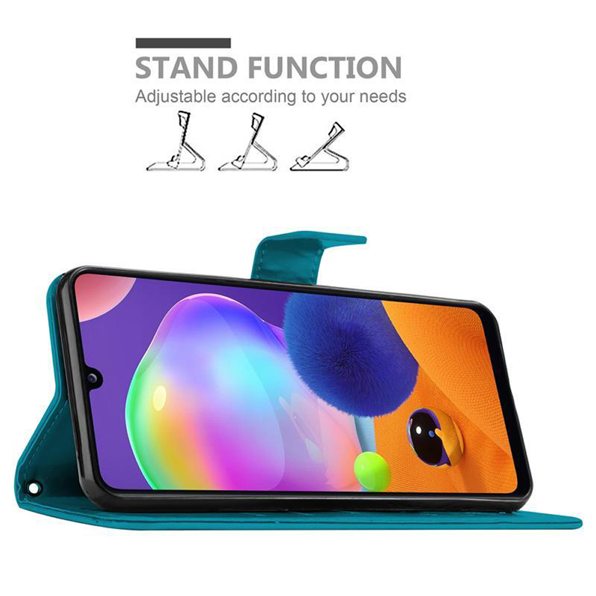Custodia per telefono verde acqua, con telefono all'interno. Testo: Funzione supporto, regolabile in base alle tue esigenze. Telefono con sfondo arancione.