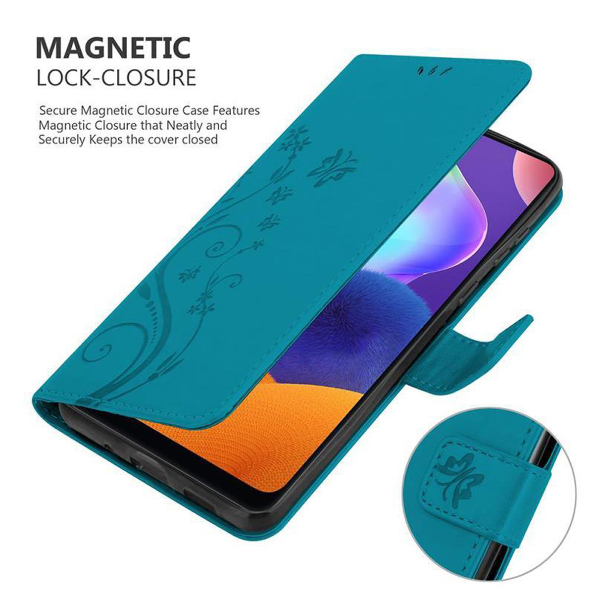 Custodia per telefono turchese aperta, che mostra il telefono. La custodia ha un design floreale. Primo piano della chiusura.