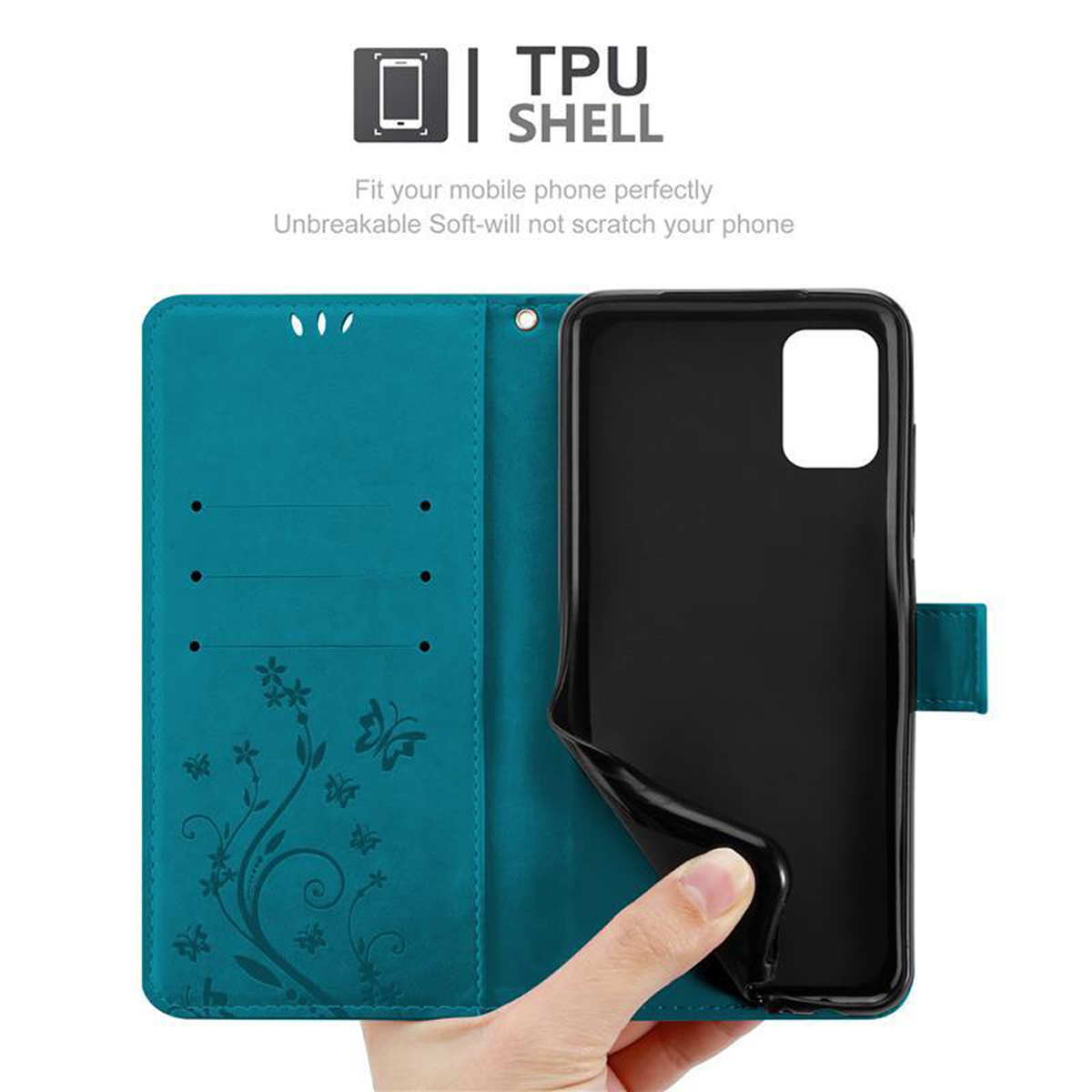 Una custodia per telefono color turchese, con un telefono all'interno e un motivo a farfalla.
