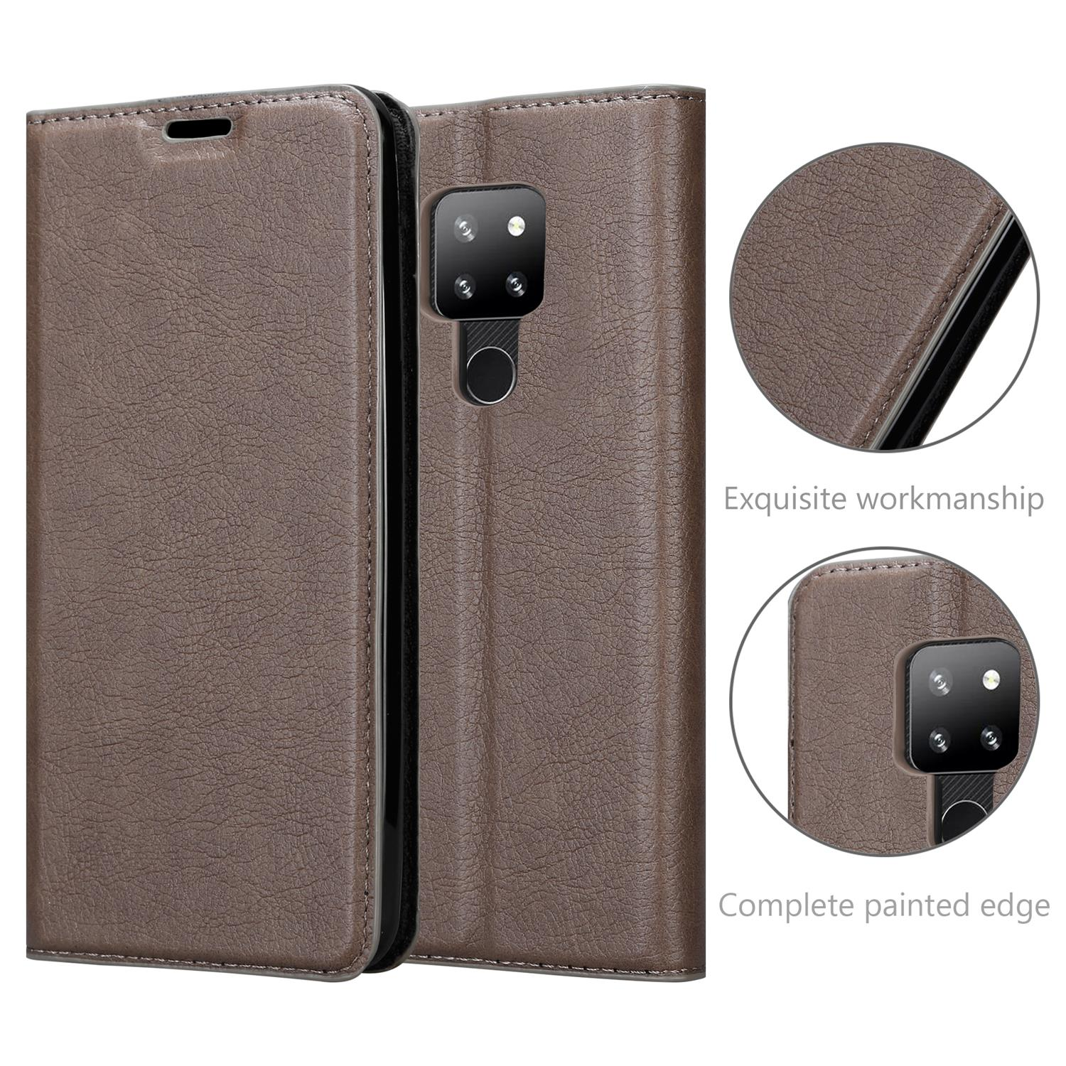 Braune Handyhülle offen mit einem Telefon darin. Das Telefon hat zwei Kameras und einen Kreis darum.