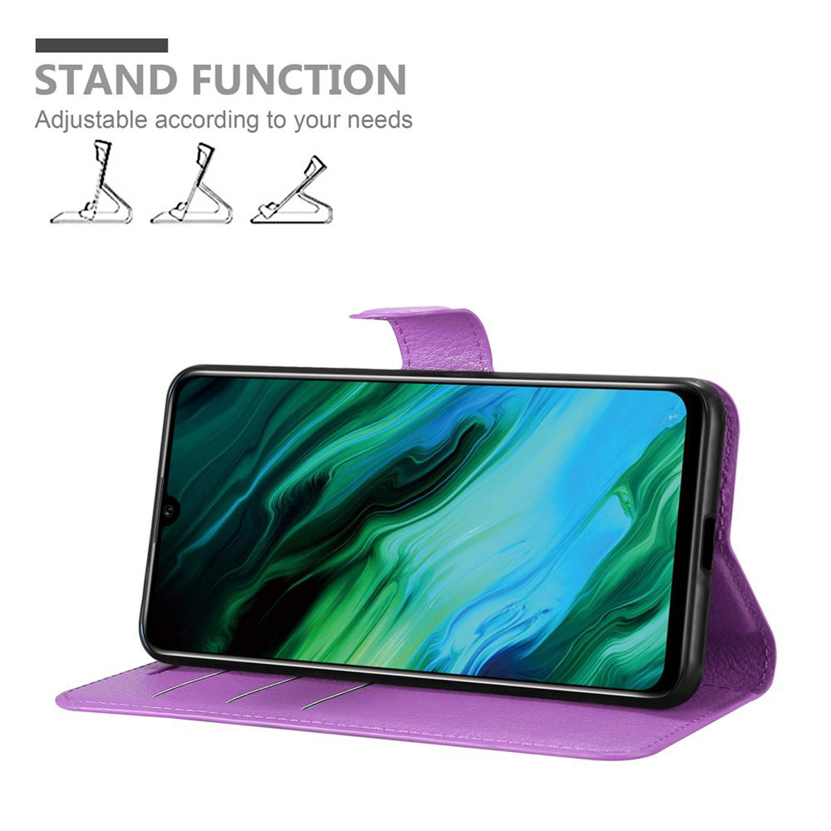 Custodia viola con telefono, in posizione stand.