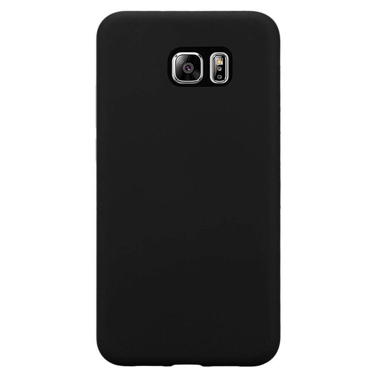 Custodia nera per telefono con ritagli per fotocamera e flash. Finitura liscia e opaca.