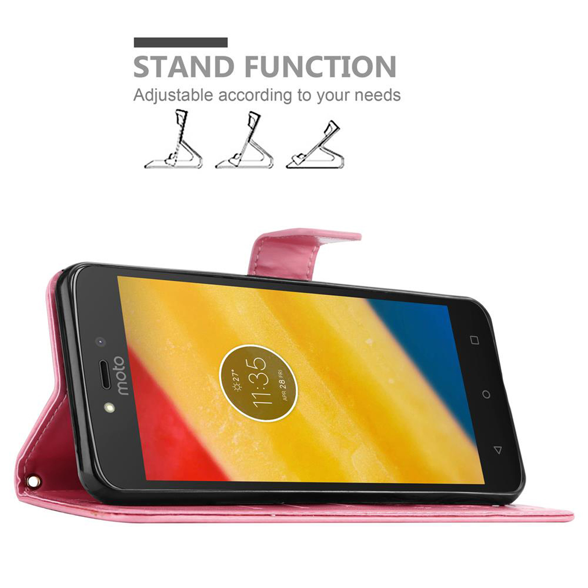 Custodia rosa con telefono all'interno. Funzione supporto con tre opzioni di supporto.