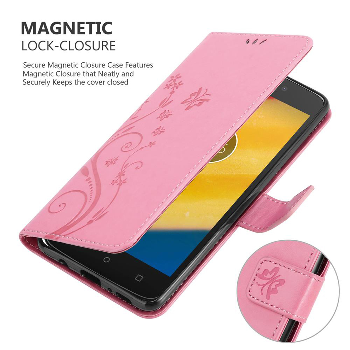Custodia per telefono rosa, aperta. Telefono all'interno. Design floreale e chiusura magnetica mostrati.